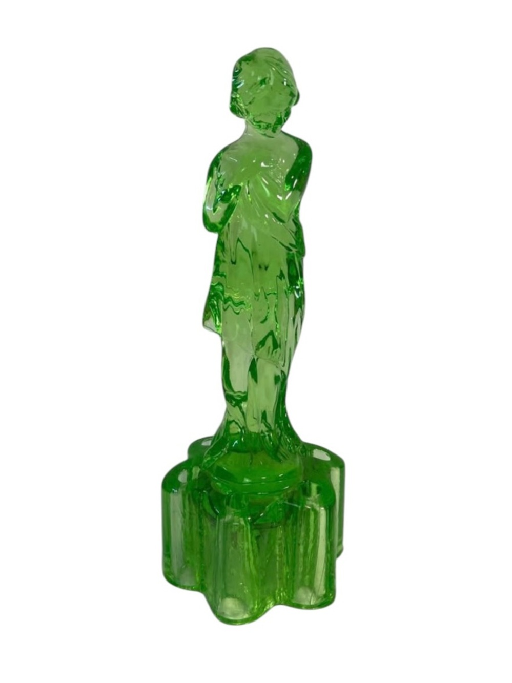 Cambridge Draped Lady Uranium Glass Flower Frog 12.5" Green Vintage